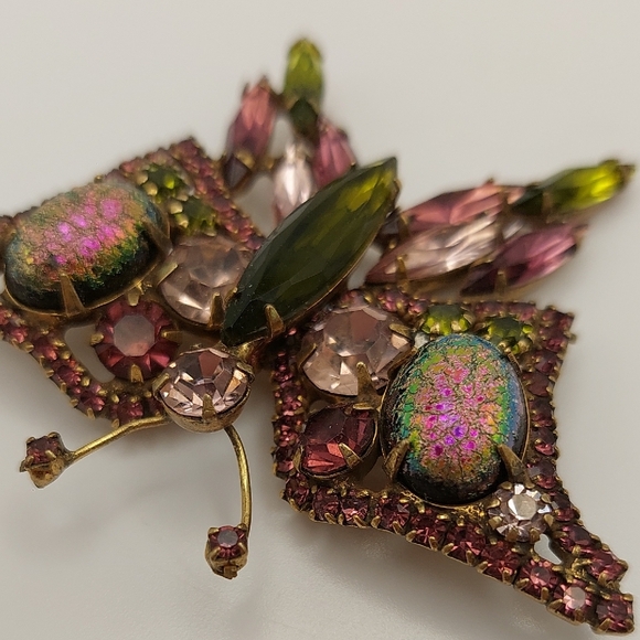 Vintage Butterfly Brooch Mid Century Multicolor Glass Crystals - Picture 5 of 16